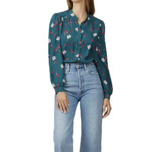 Joie Myella Floral Print Long Sleeve Crepe Top Green XS